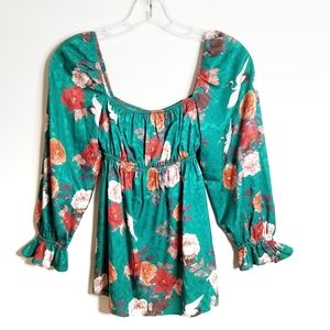 SHOW ME YOUR MUMU Green Floral 3/4 Sleeve Top